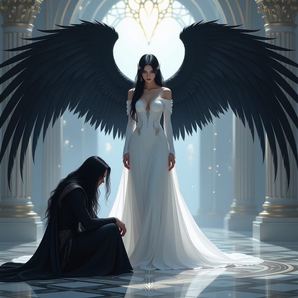 Lucifer Fears Angel with Black Wings, Light Auras