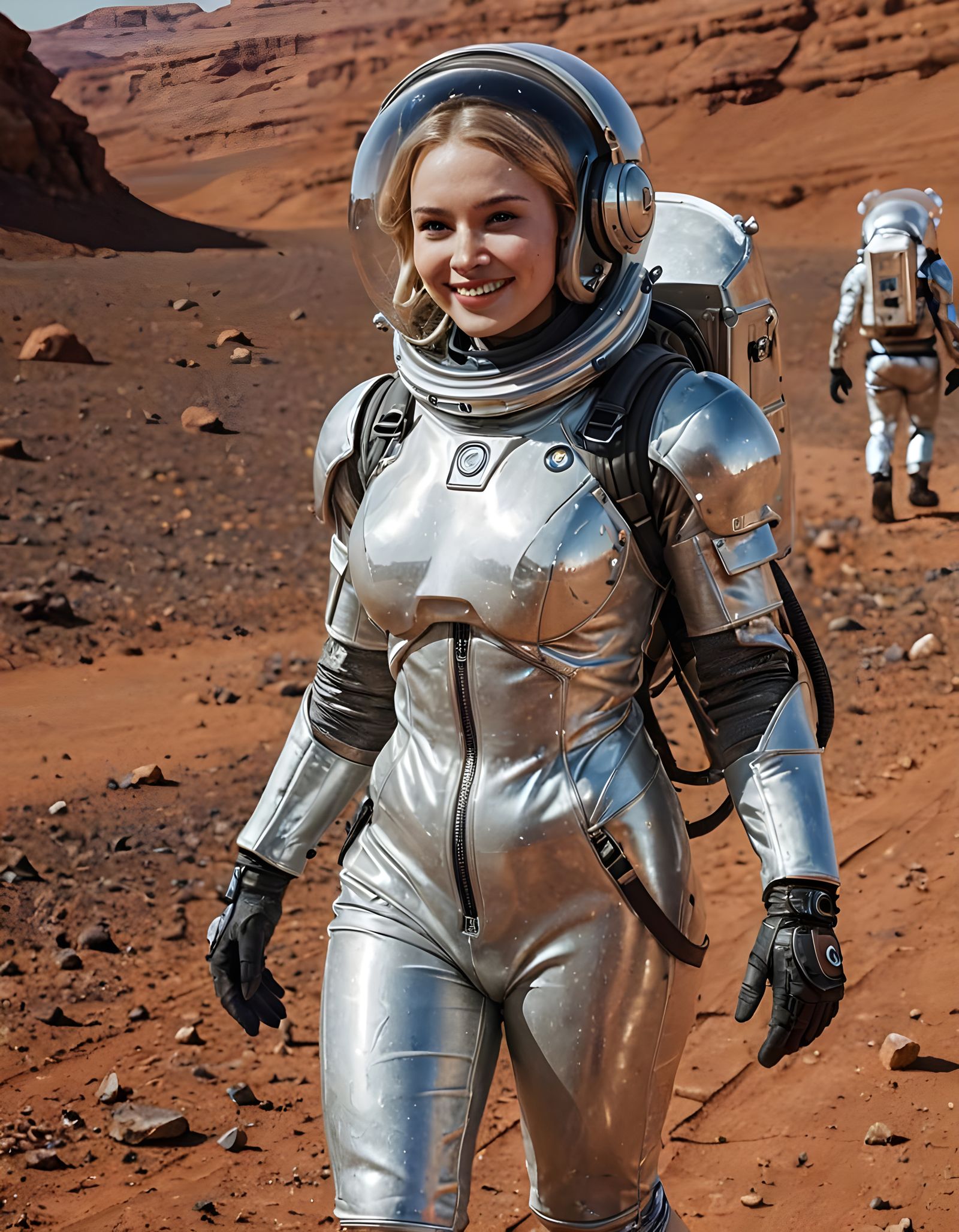 Smiling Cosmonaut on Mars in Silver Spacesuit