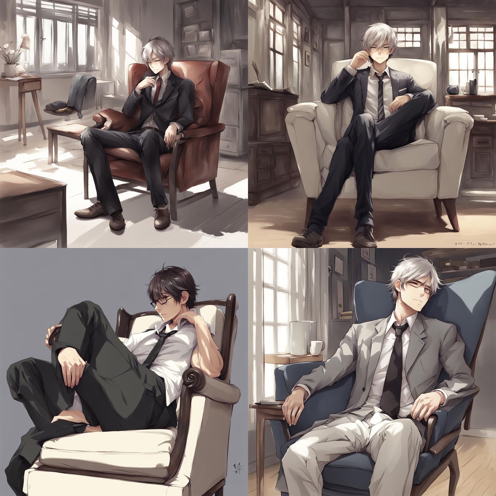 Man Sitting in Chair, Pixiv Style Illustration