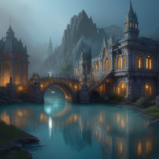 Ethereal Waterwheels in Iridescent Mist