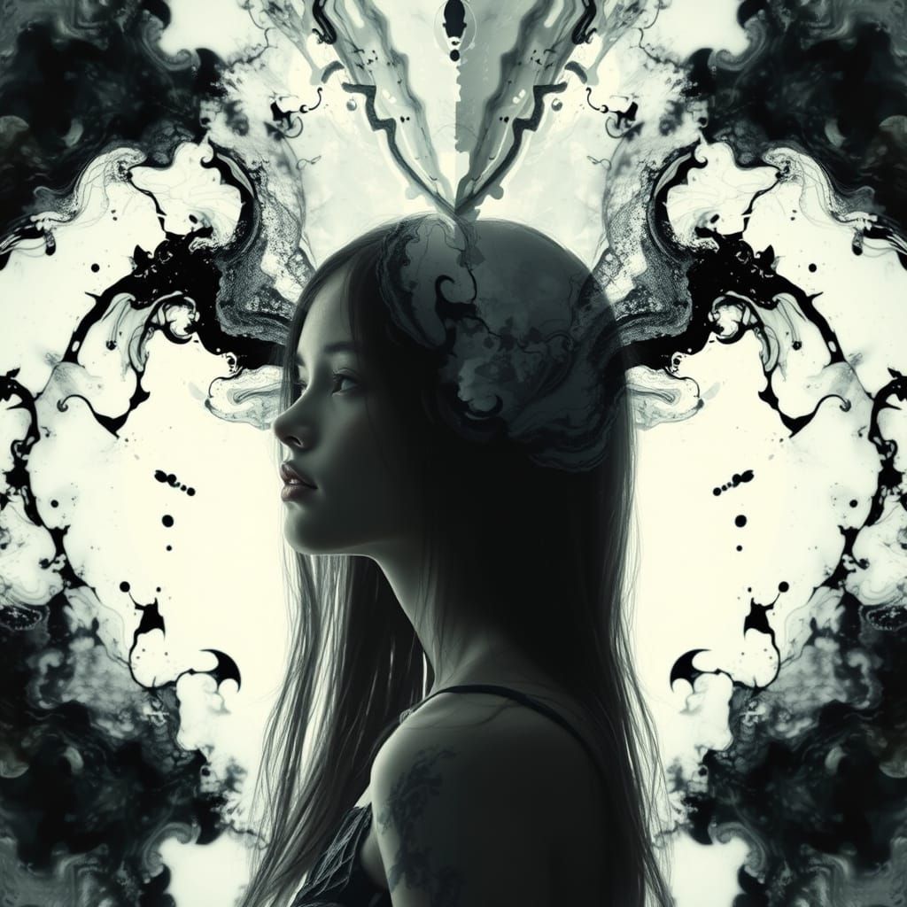 Girl's Ethereal Transformation in Abstract Black & White