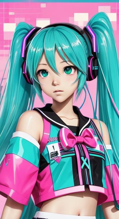 Hatsune Miku Waving in Synthwave Neon Retro Style