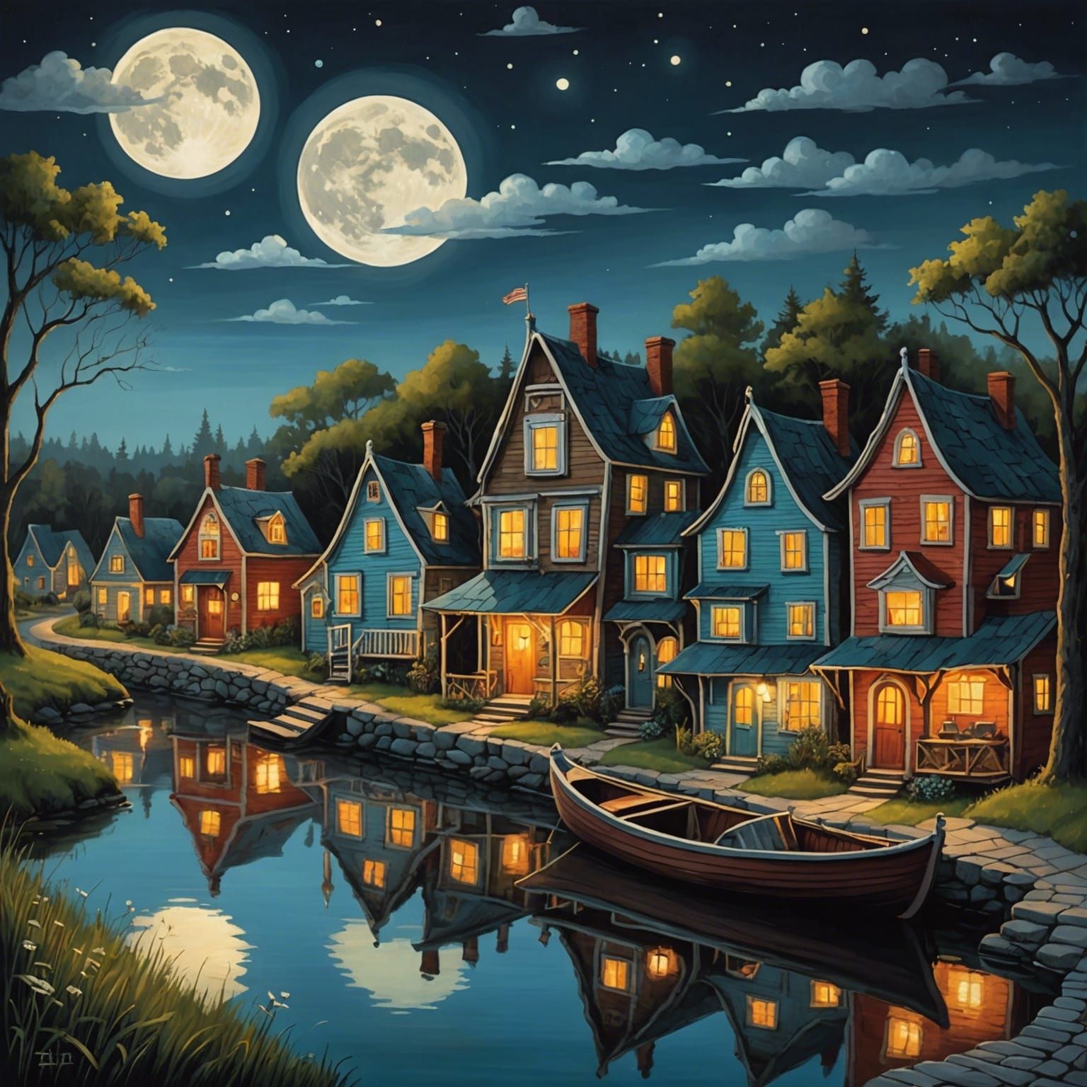 Whimsical Storybook Village Under Moonlight