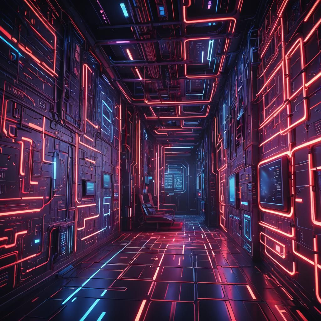 Futuristic Room with Binary Code in Neon Colors