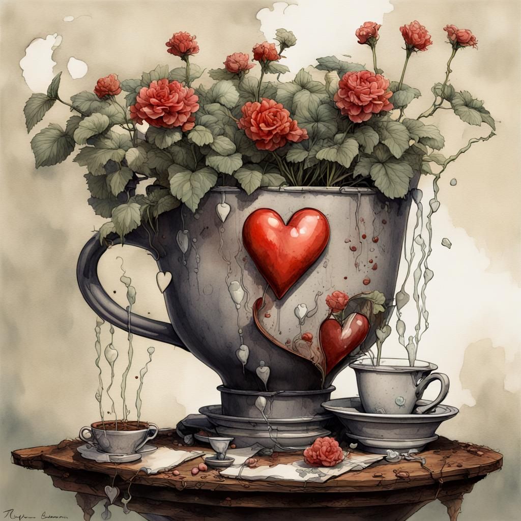 Broken Hearts in Flower Pot, Watercolor and Ink Style