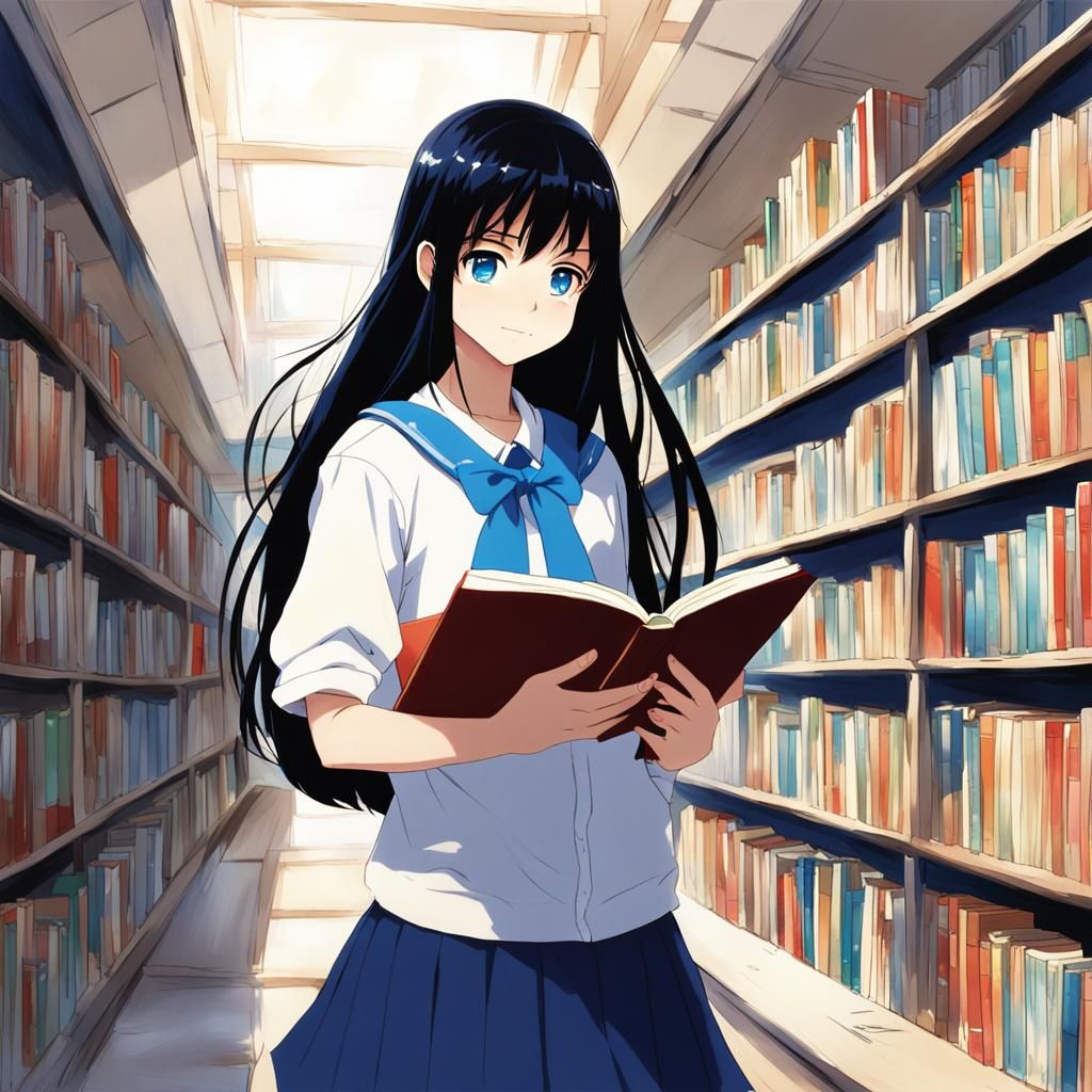 Girl Reading Book in Anime Style