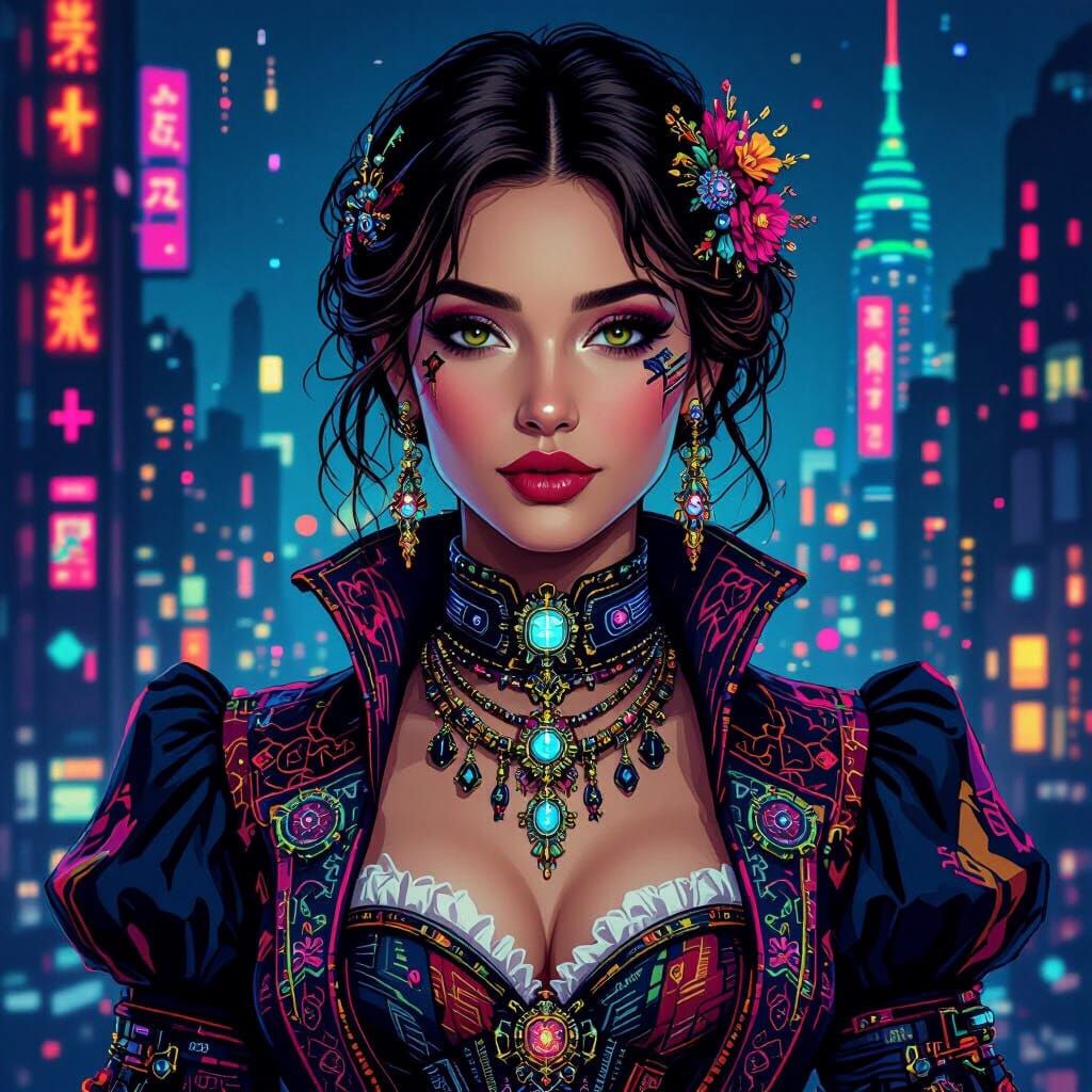 Pixel Art: Victorian Cyberpunk Woman in Neon City