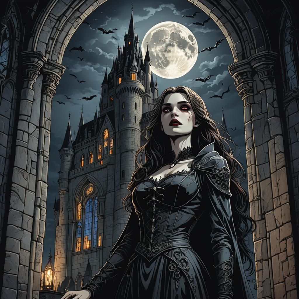 Ethereal Vampire Maiden Amidst Gothic Castle at Nightfall