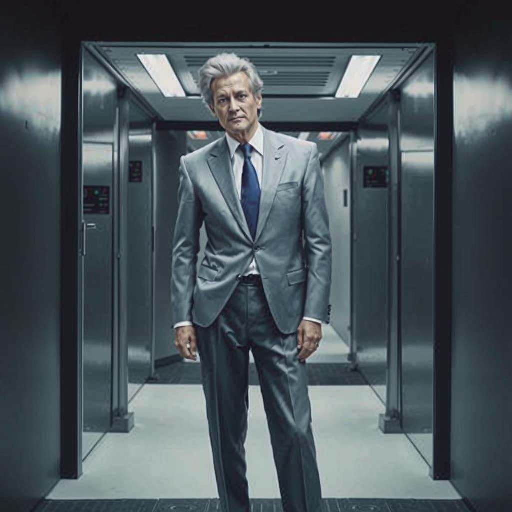 1980s Silver Suit Visionary in Neon Corridor