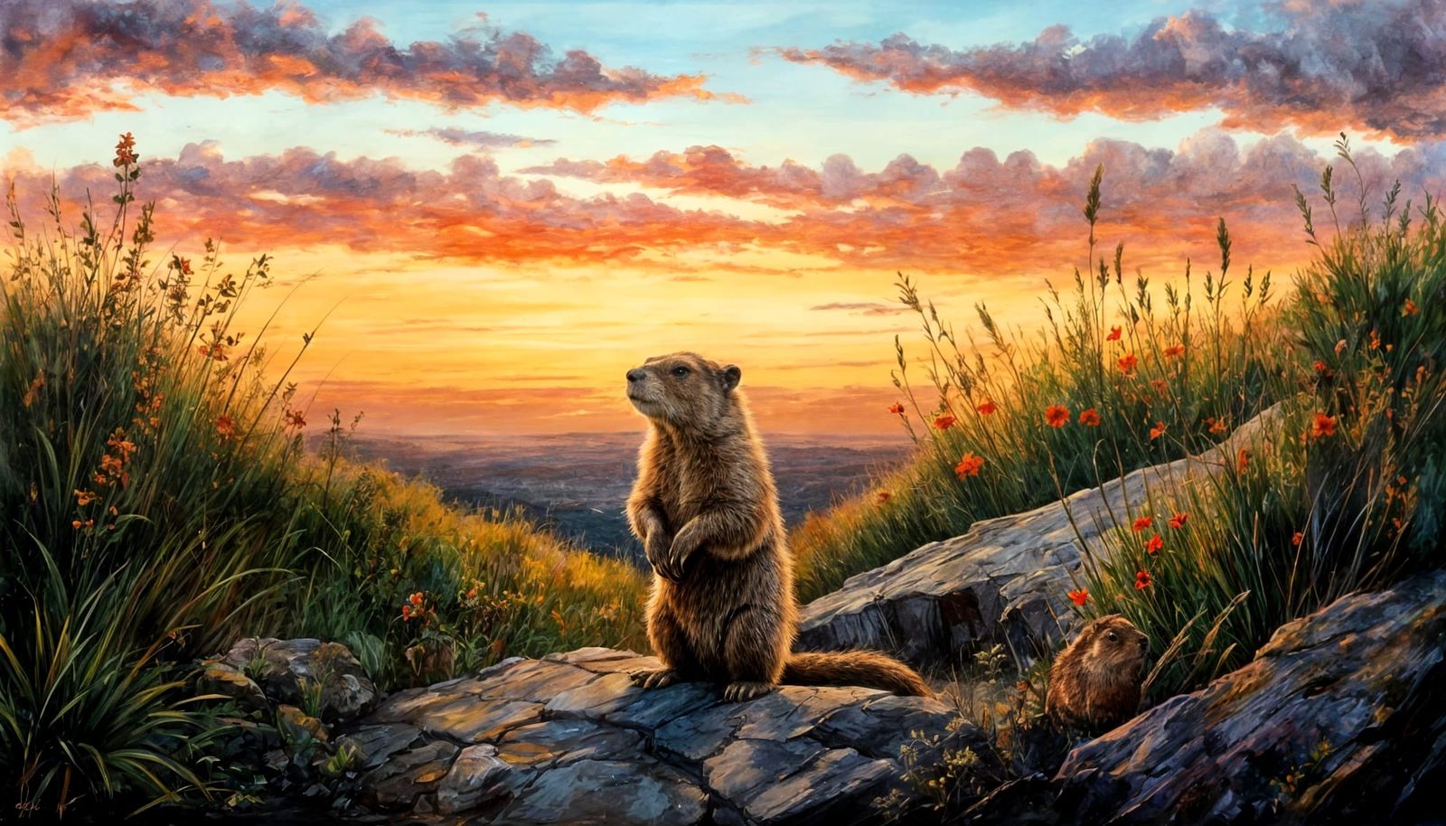Groundhog on Lookout at Sunset in Oil Painting Style