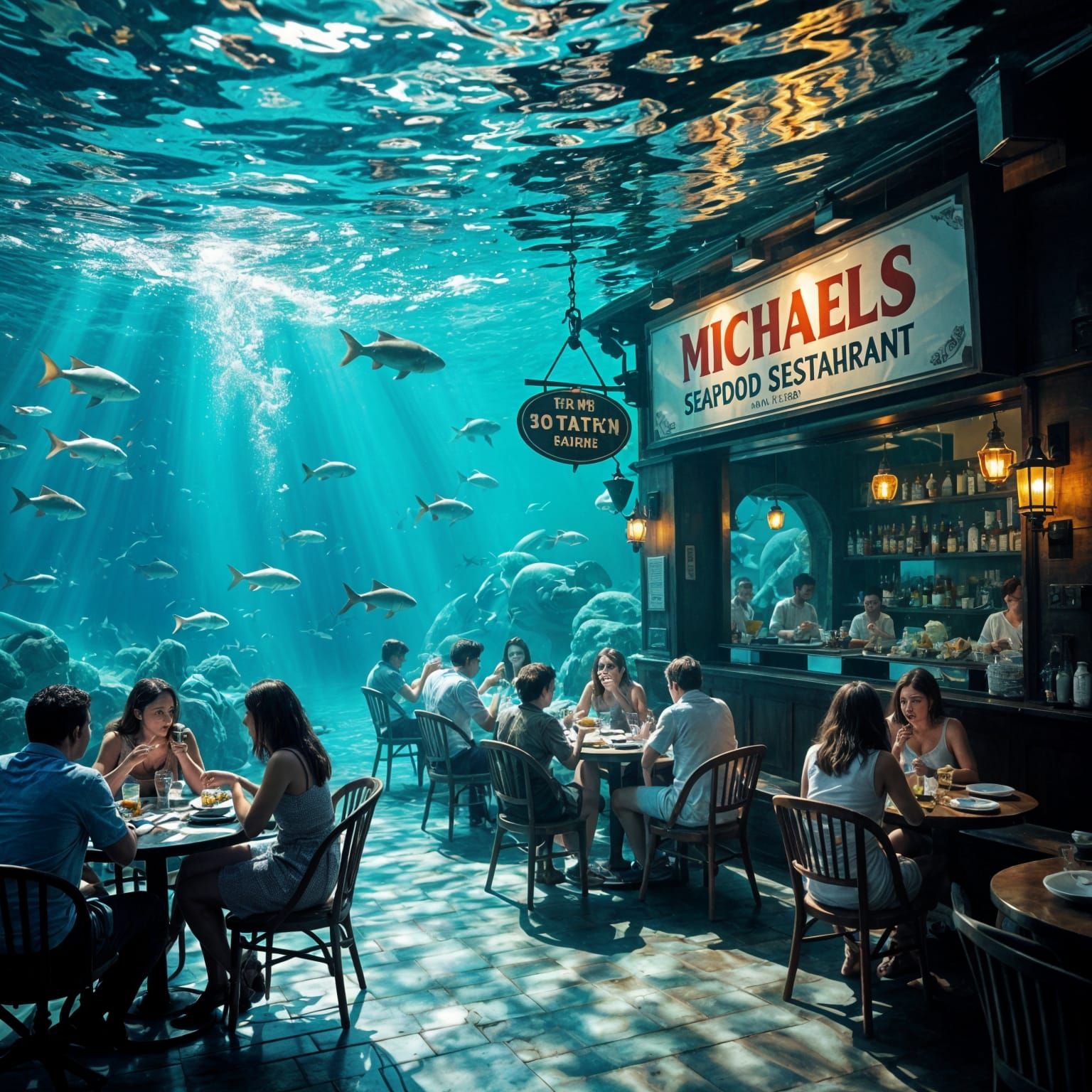 Hungry Shark Licking Lips Near Seafood Restaurant