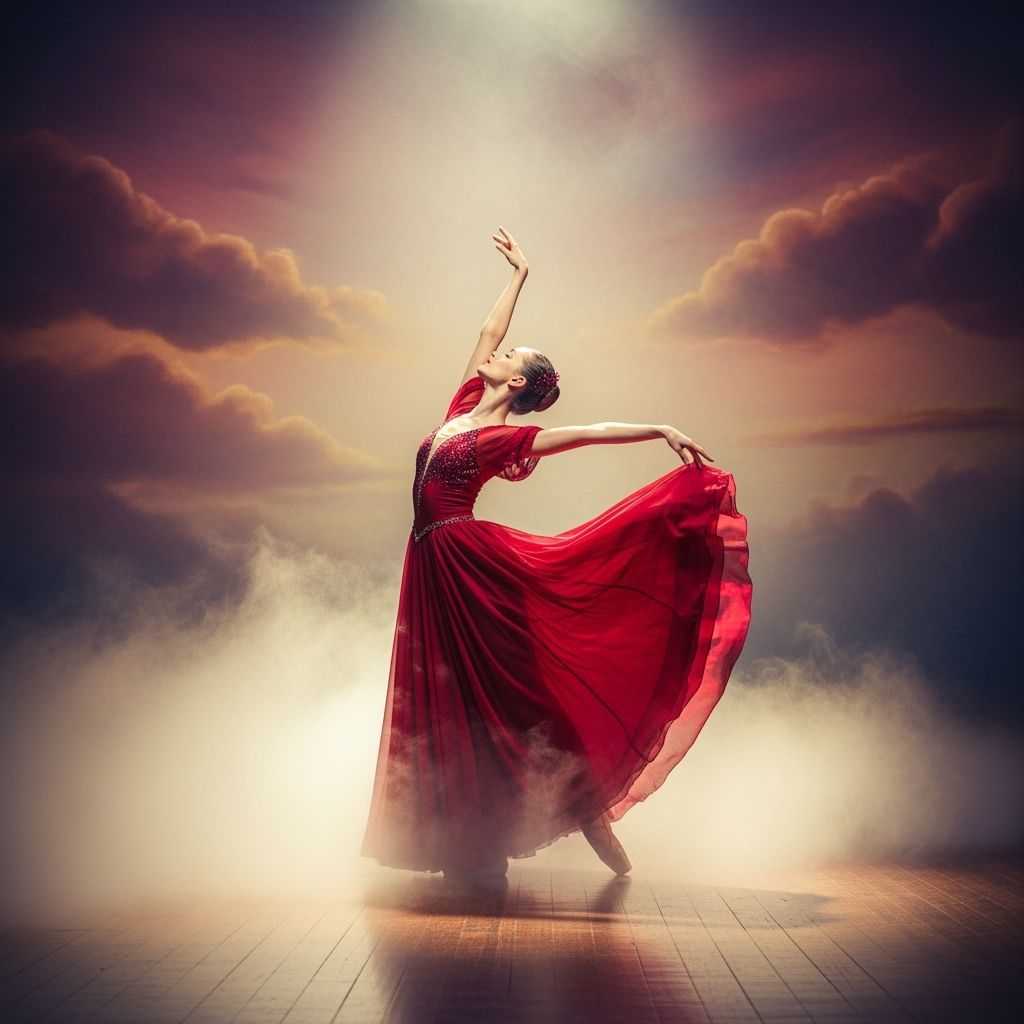 Ballerina in Crimson Gown on Misty Stage