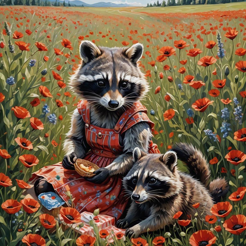 Raccoon's Poppy Field Picnic: Impasto Painting