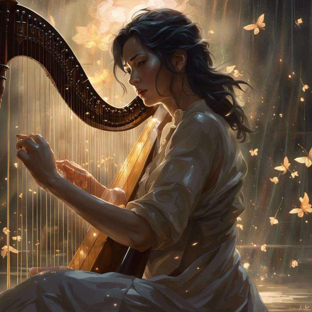 Woman Playing Harp Surrounded by Fireflies