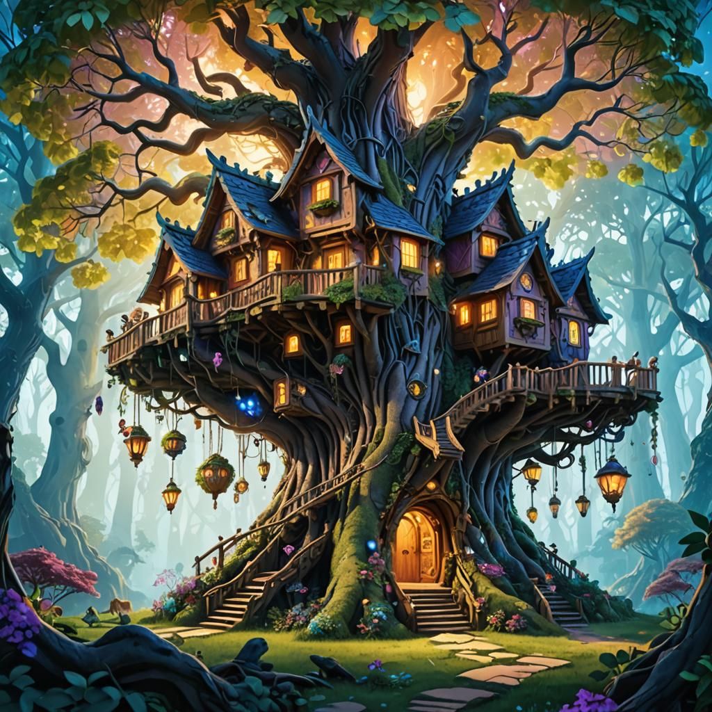 Epic Forest Elf Treehouse Inspired by Anime Art
