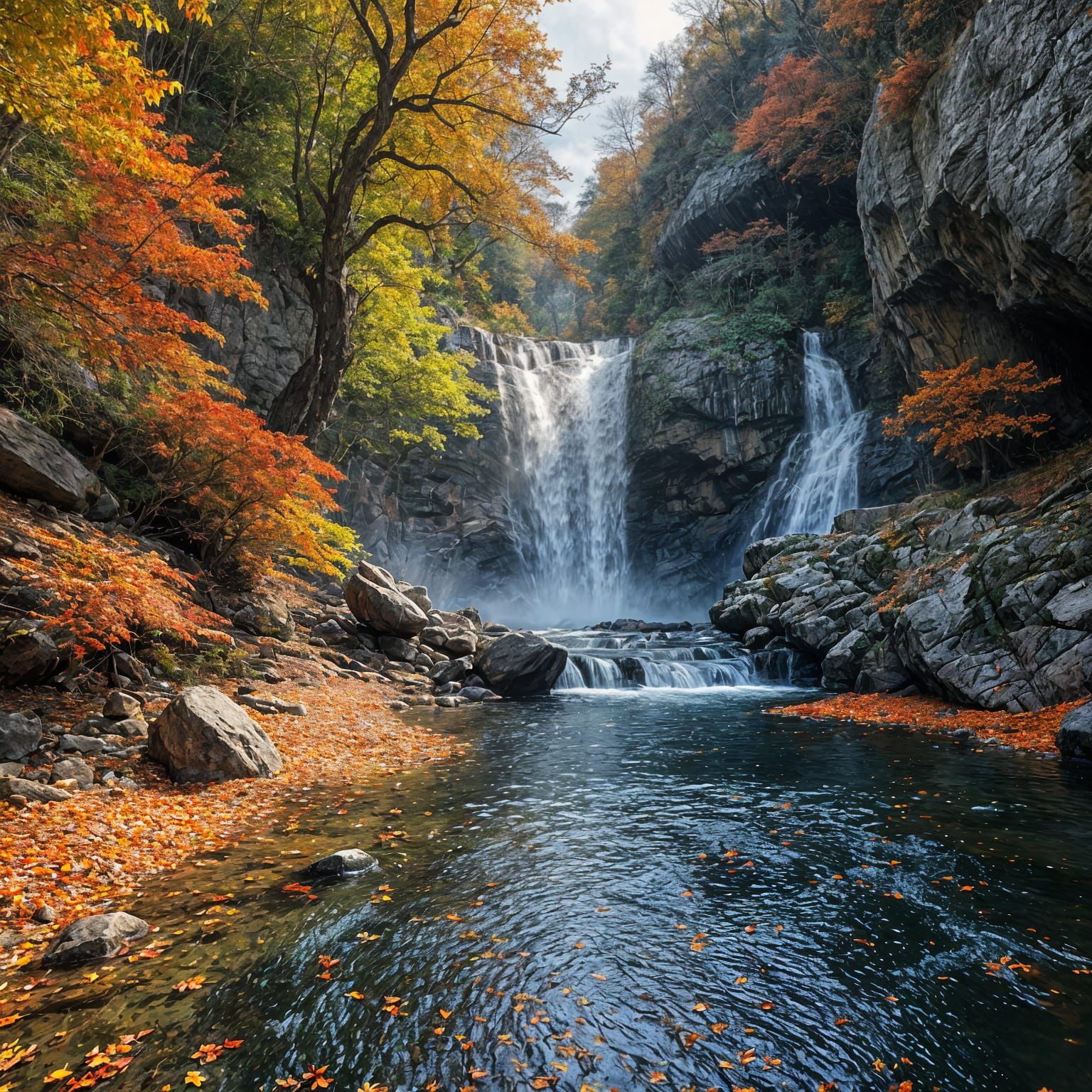 Autumn Waterfall Cascading Into Leaf-Filled Pool