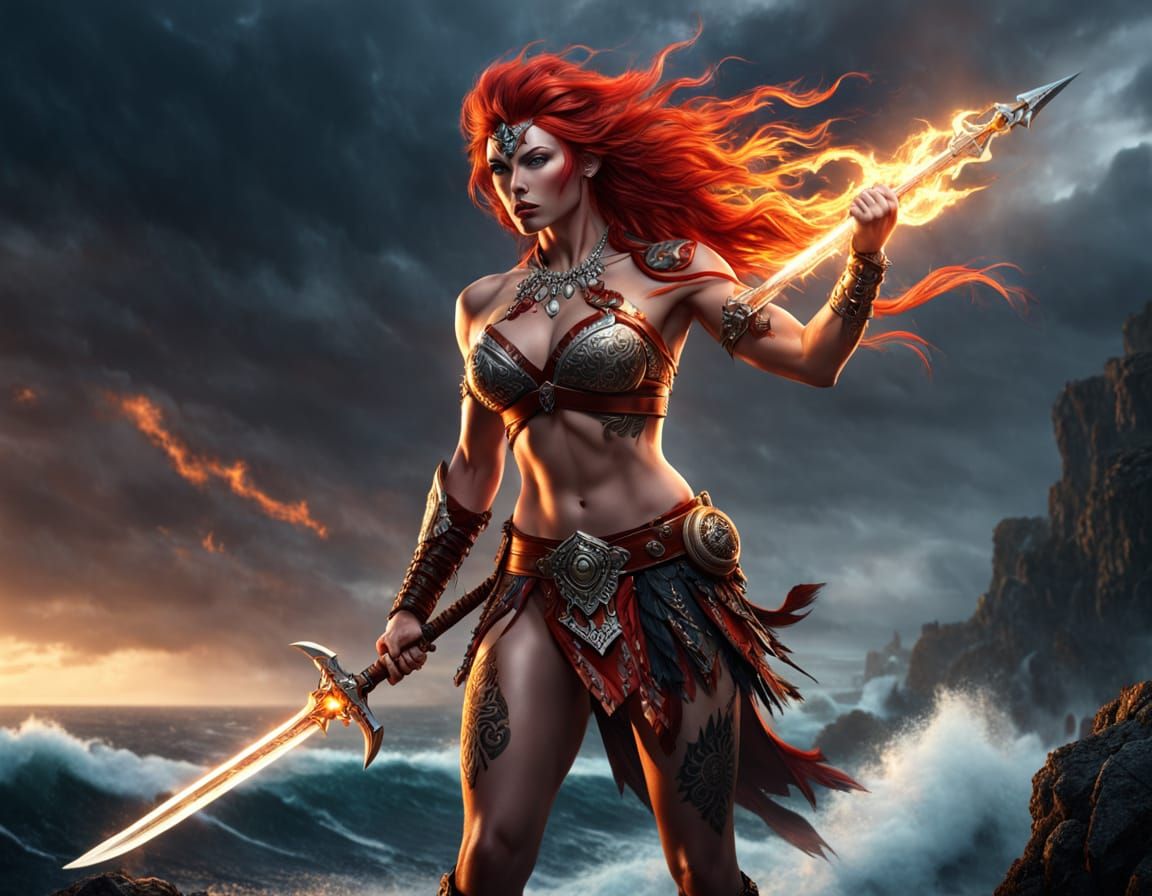 Barbarian Queen with Fiery Hair on Stormy Cliff