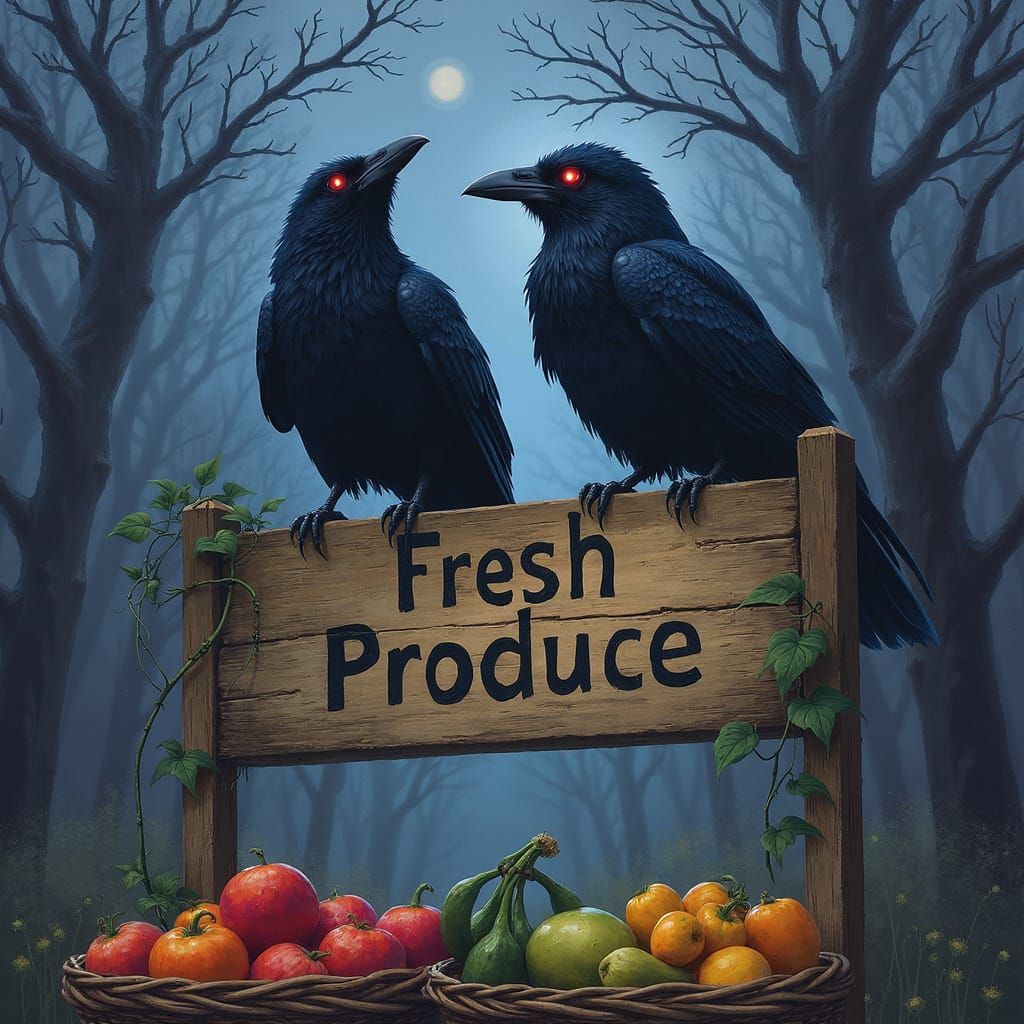 Ravens Guarding Bioluminescent Produce Stand