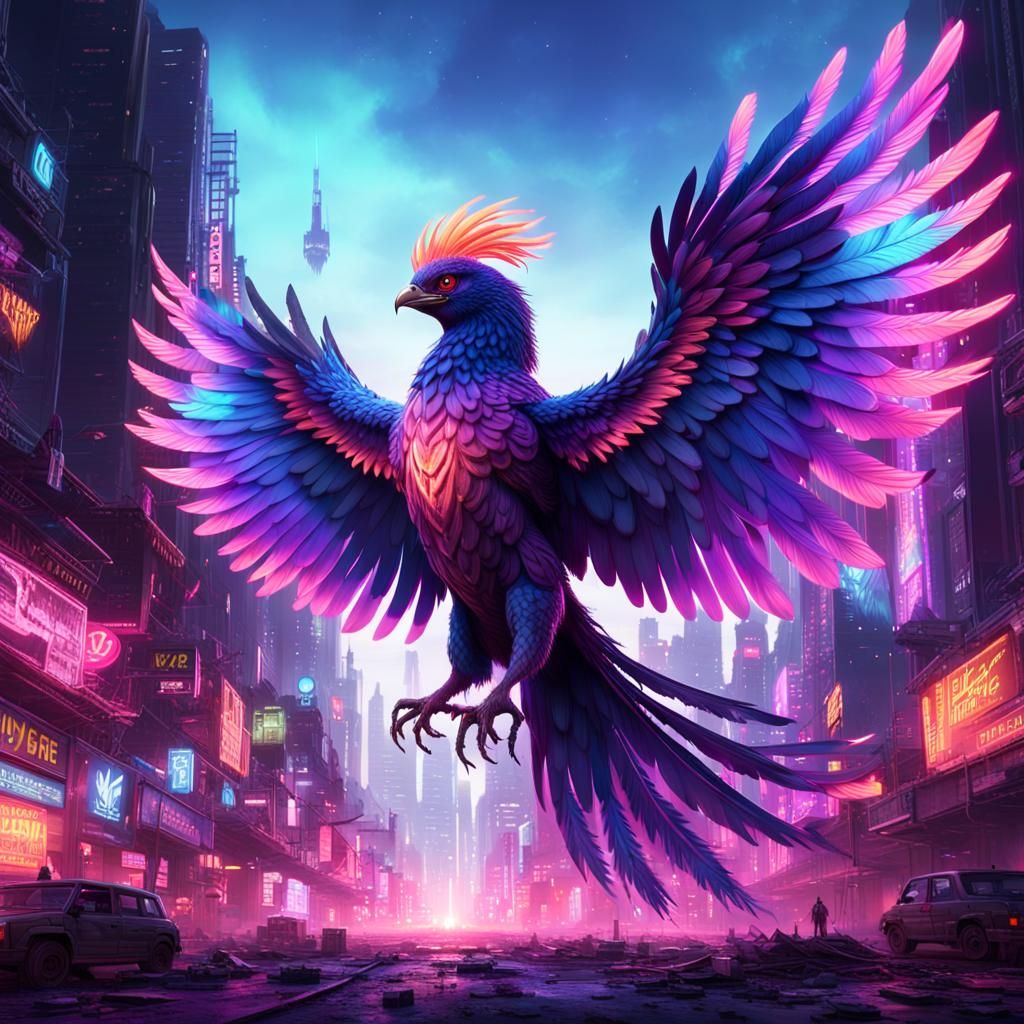Cyberpunk Phoenix in Dystopian Cityscape