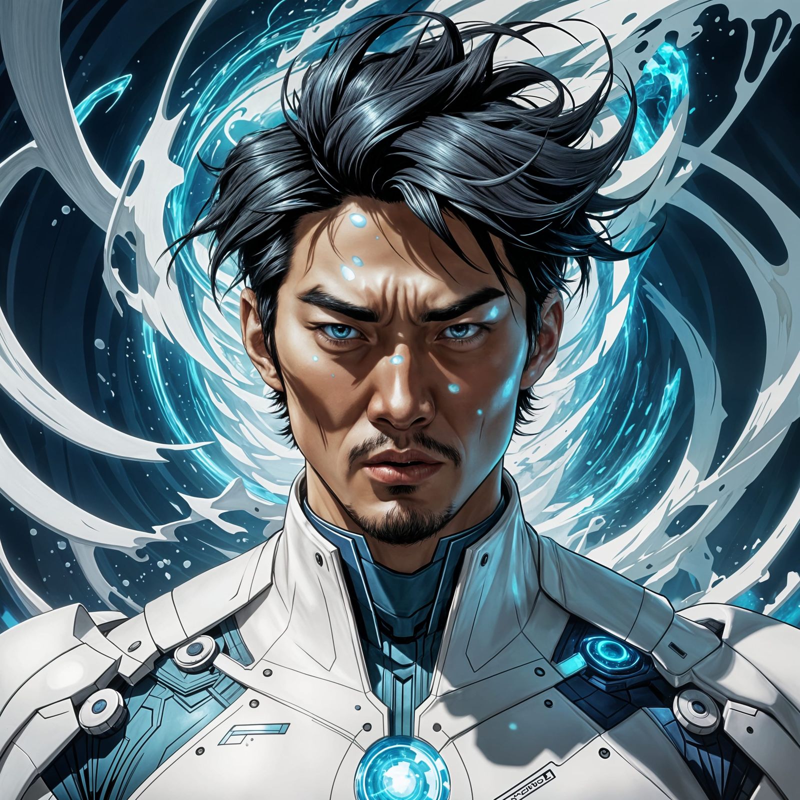 Intense Portrait: Asian Man Fused with Blue Energy
