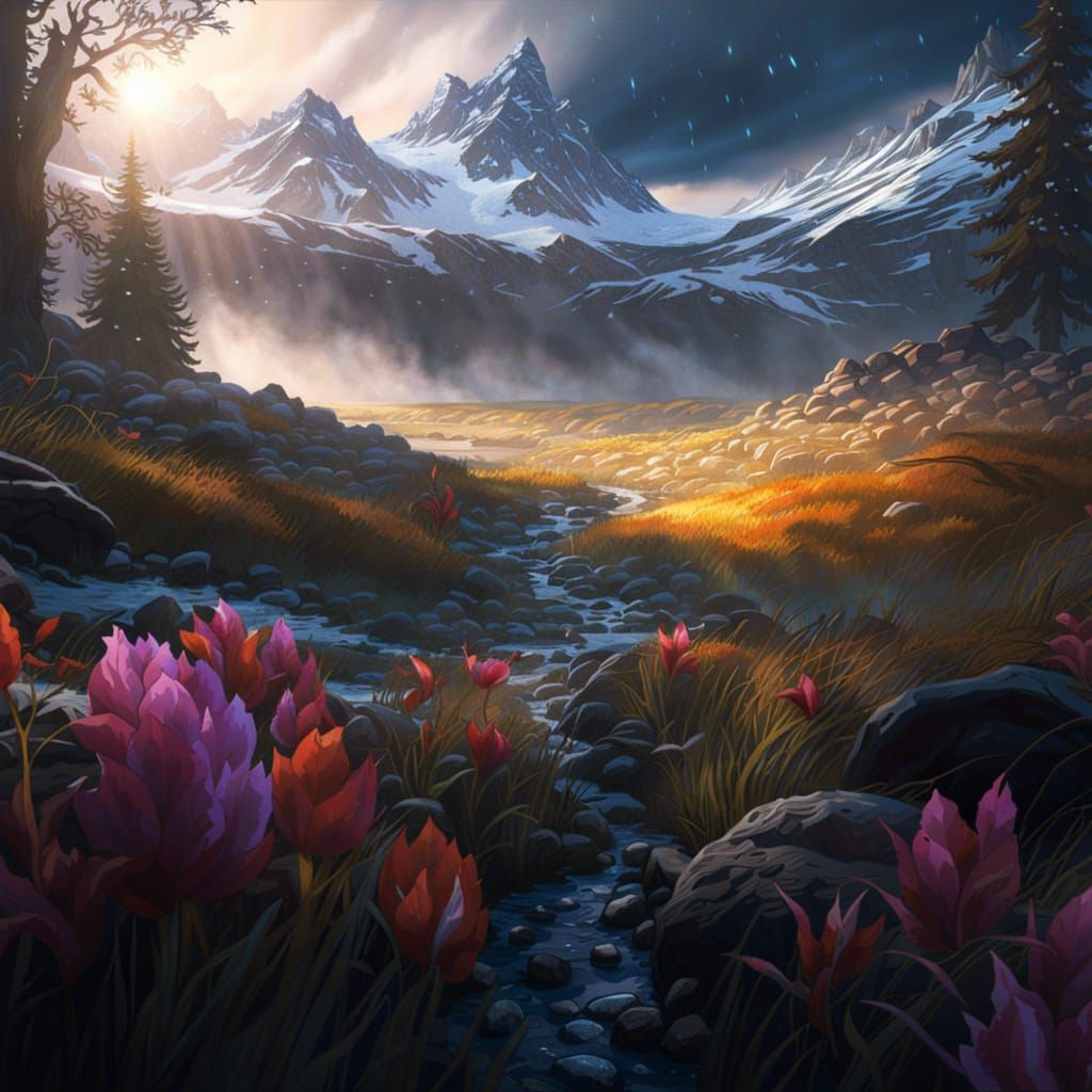 Dark Fantasy Landscape in Volumetric Lighting