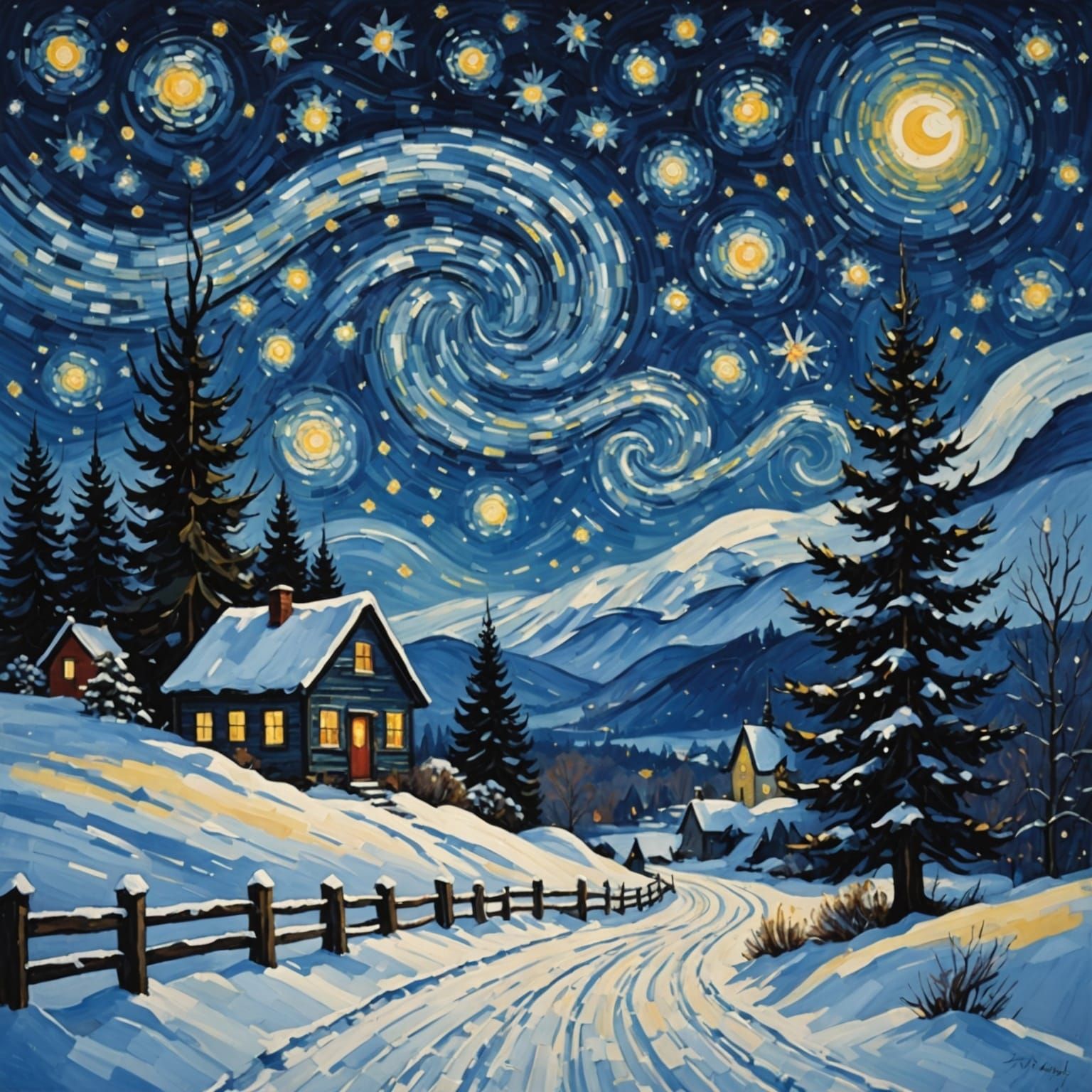 Starry Winter Night: Impressionistic Landscape