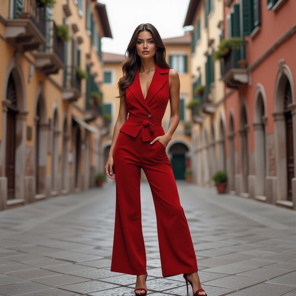 Brunette Beauty in Red Waistcoat in Italian Square