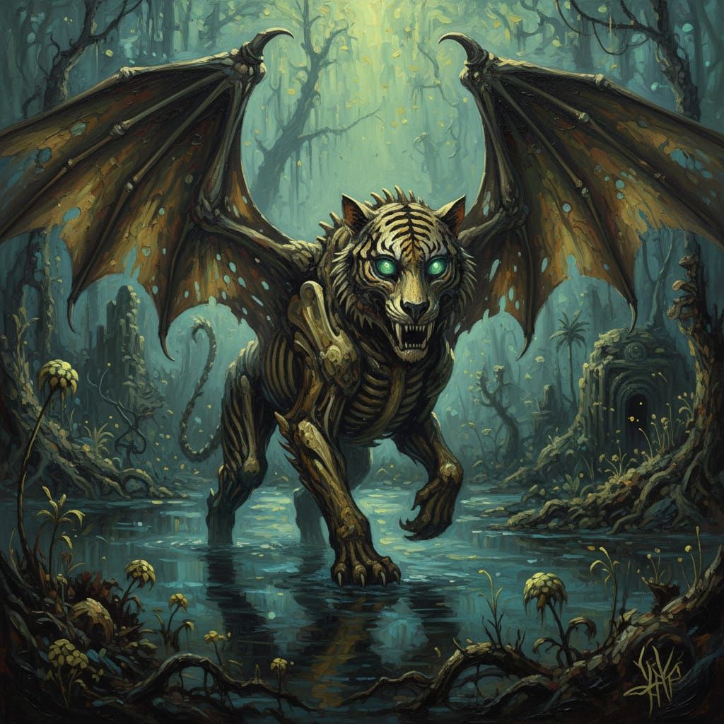 Mystical Winged Tiger in Bioluminescent Swamp, Impasto Oil P...