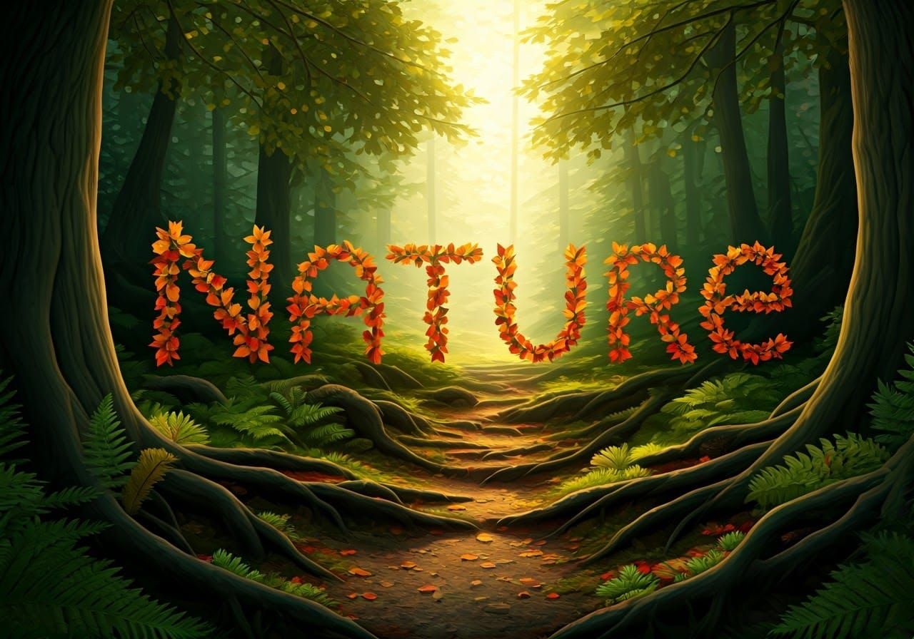 Autumnal Forest Scene with Leaf-Made "Nature"