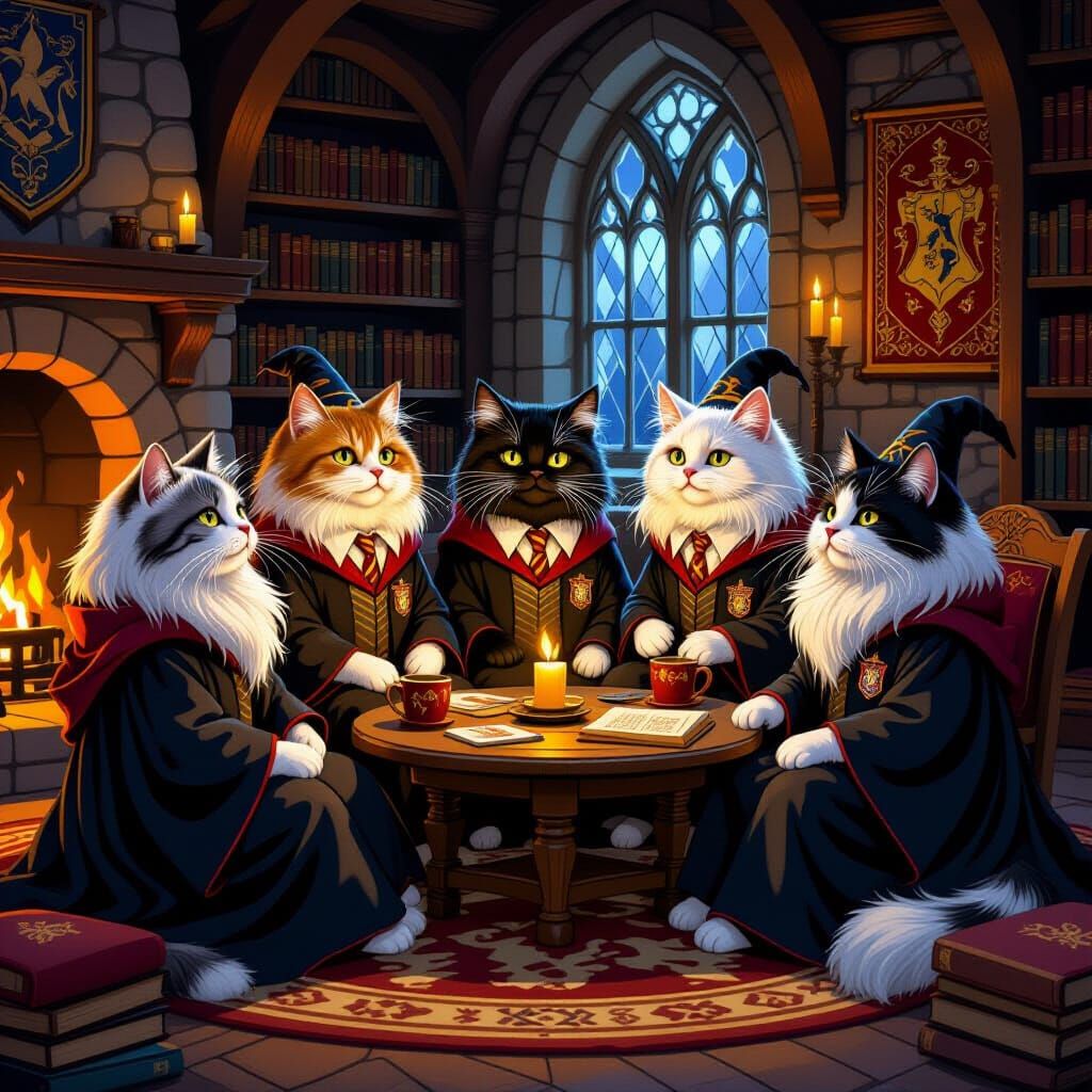 Cats as Harry Potter Characters in Ravenclaw Common Room