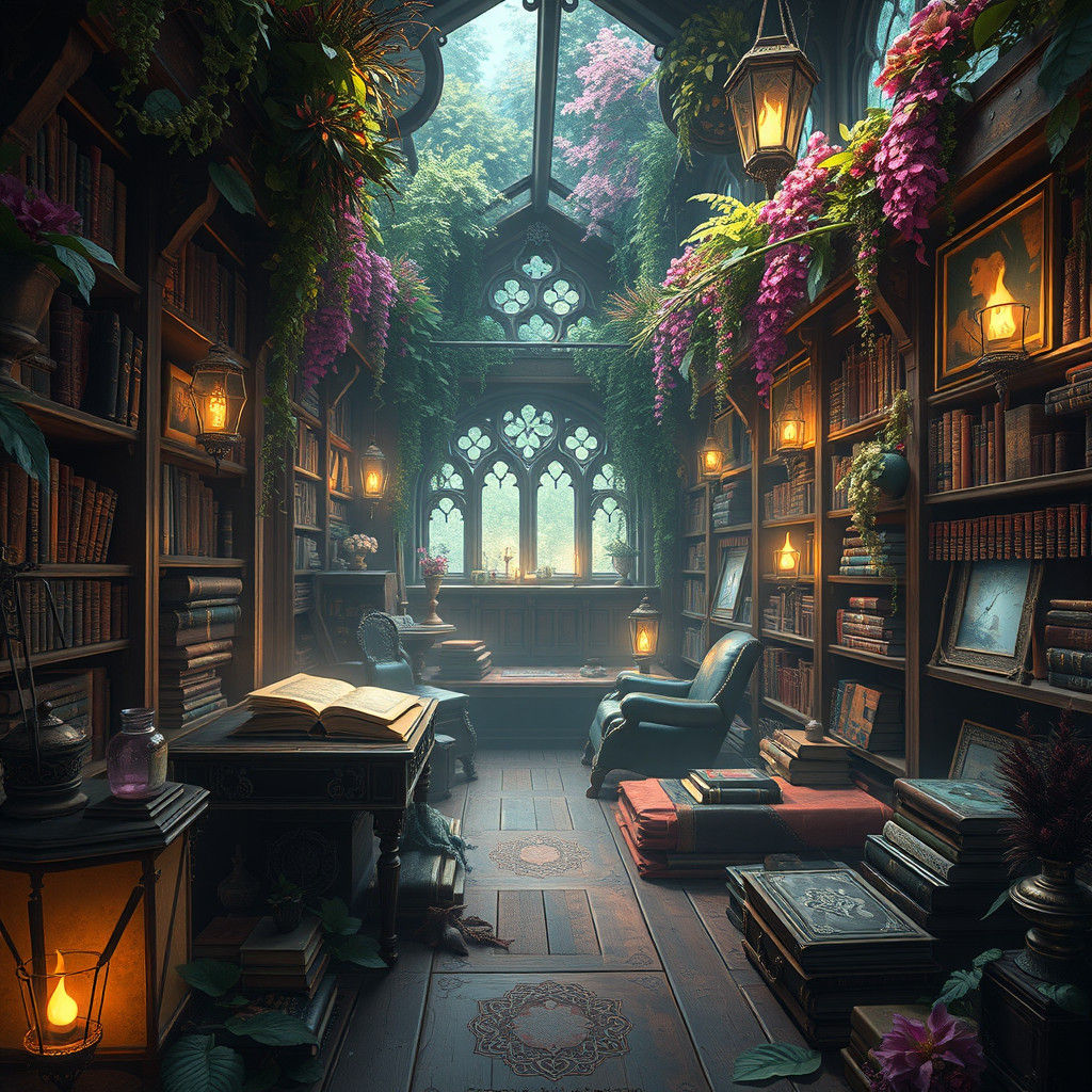 Mystical Library with Glowing Brushes, Digital Matte Paintin...