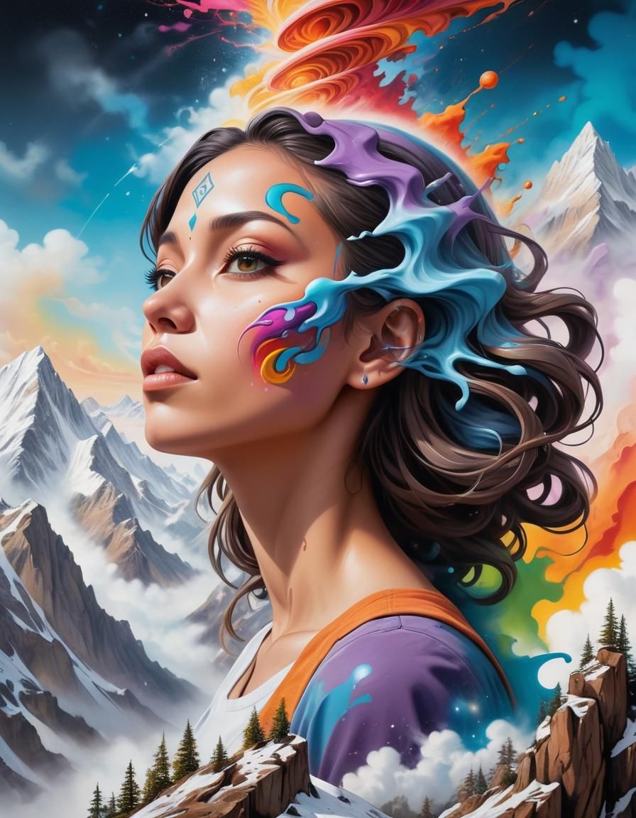 Woman Merging with Celestial Realm in Graffiti Art