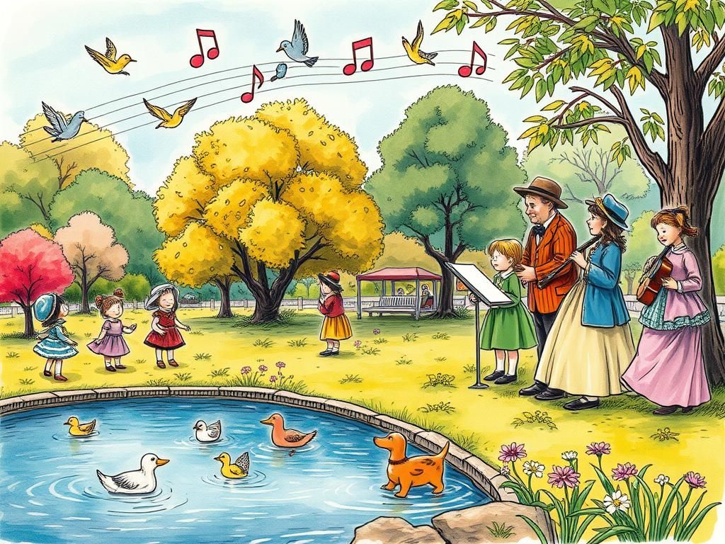 Musical Notes Dance in Park, Bemelmans-esque