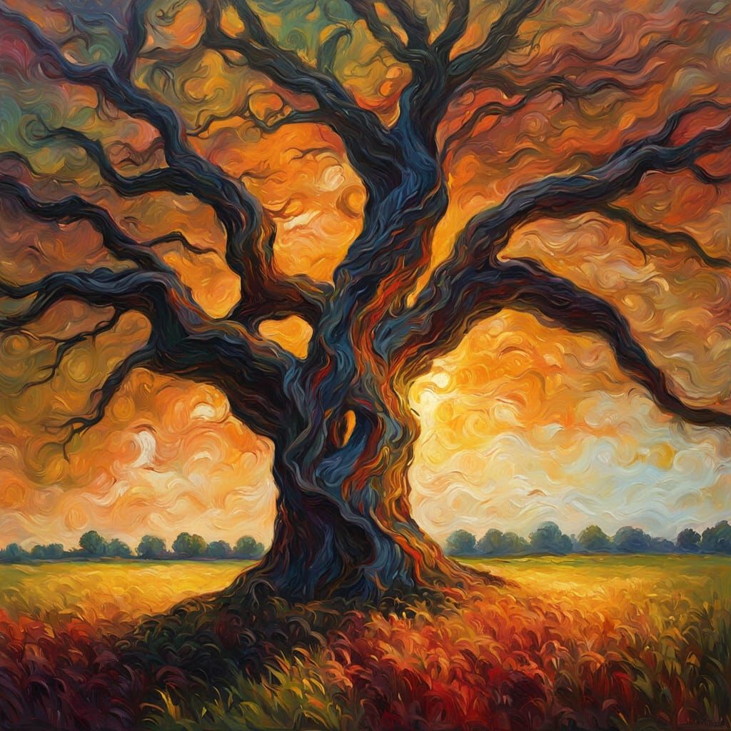 Tree in Field as Expressionist Oil Painting