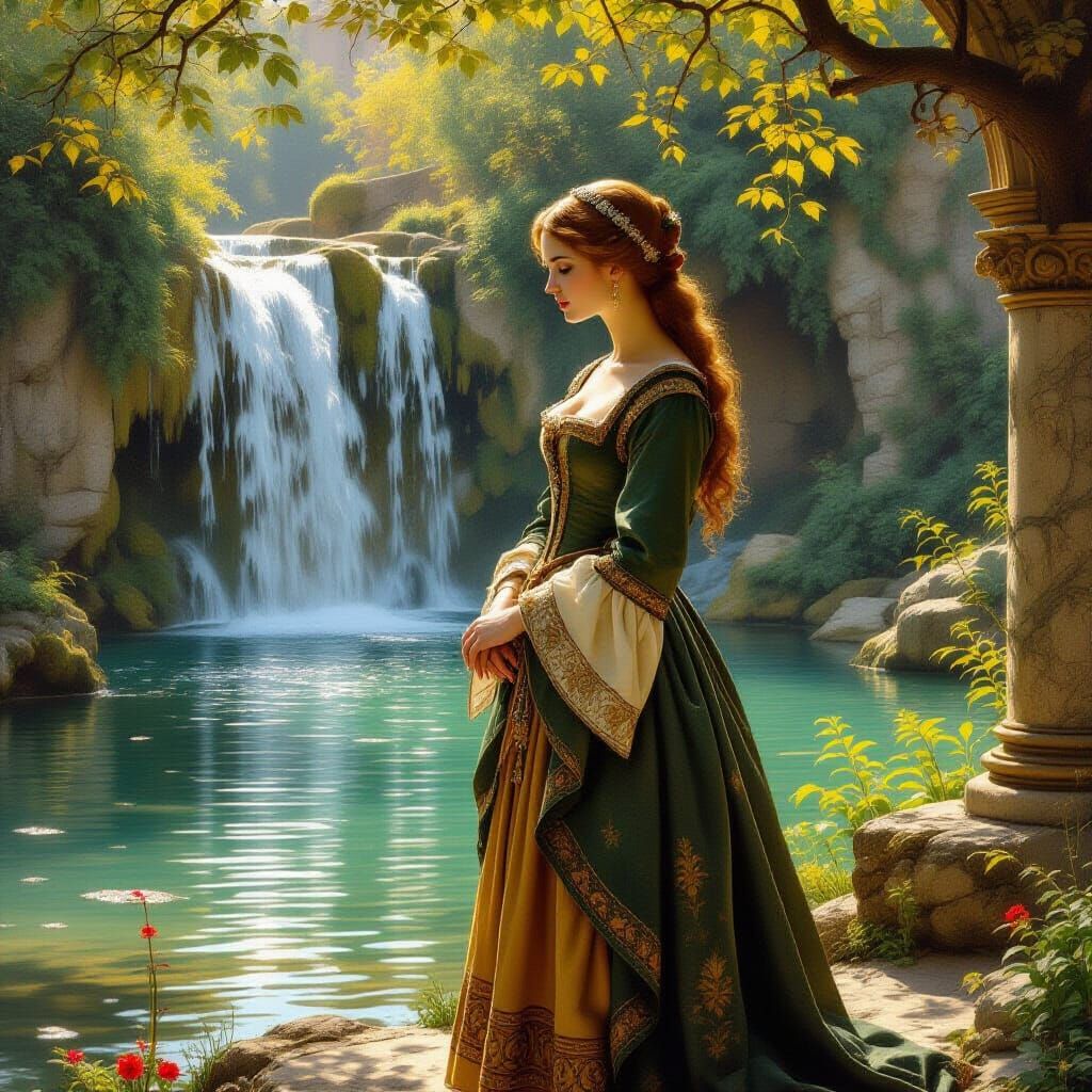 Woman by Waterfall in Renaissance Style