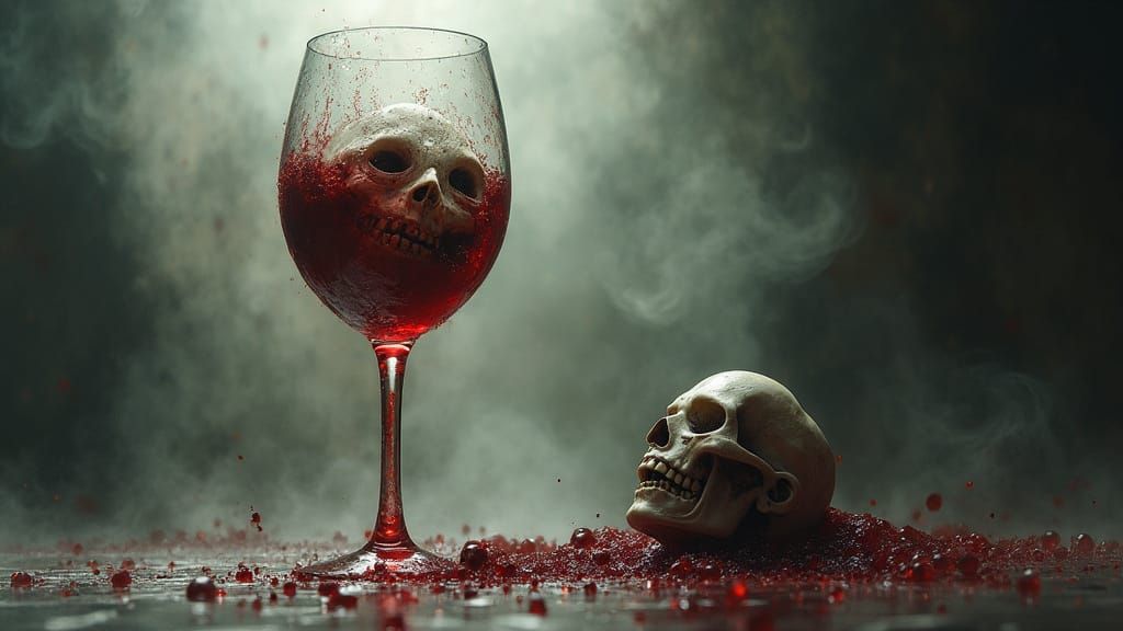 Floating Faces in Haunting Wine Scene, Dark Fantasy Art