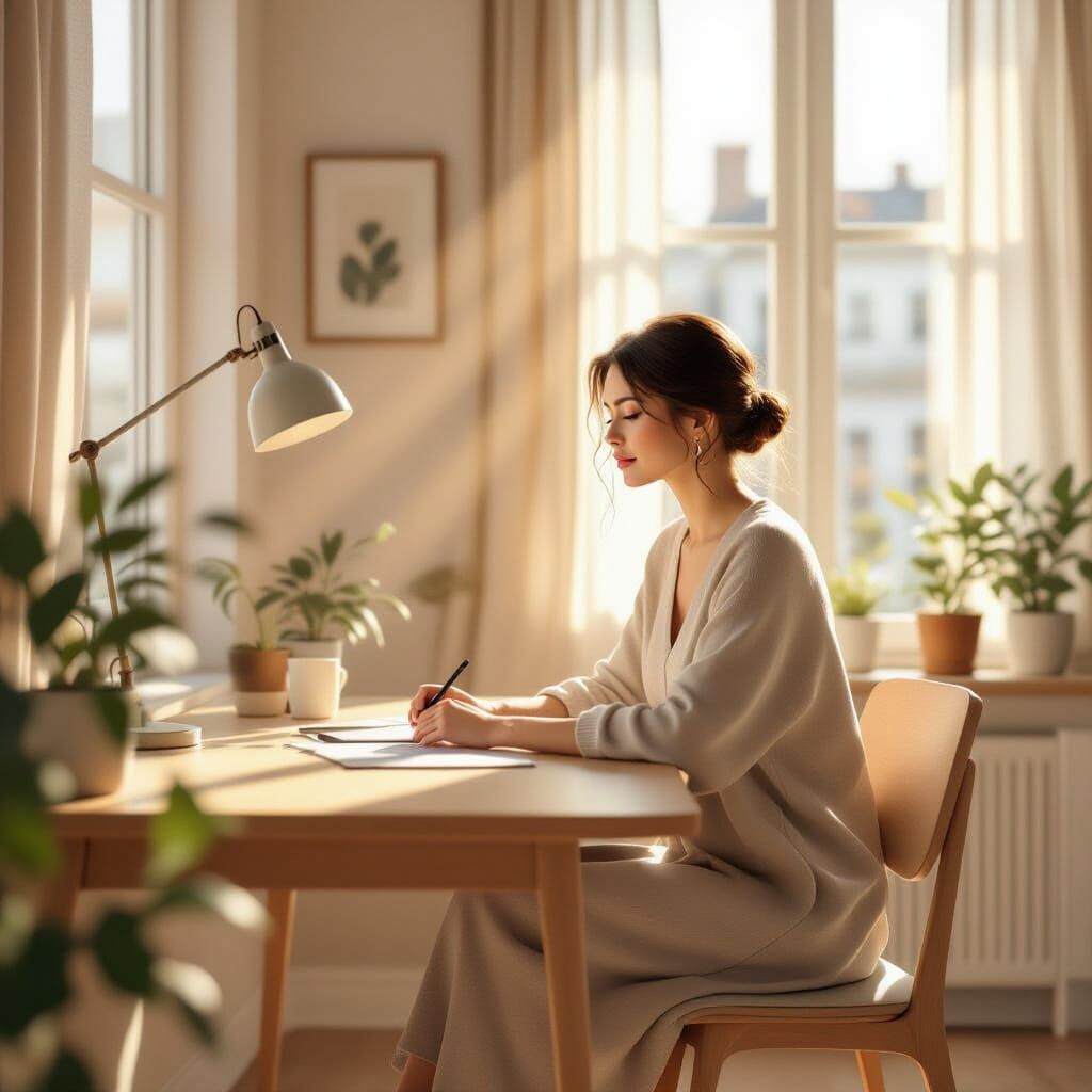 Serene Woman at Desk in Sunlit Apartment