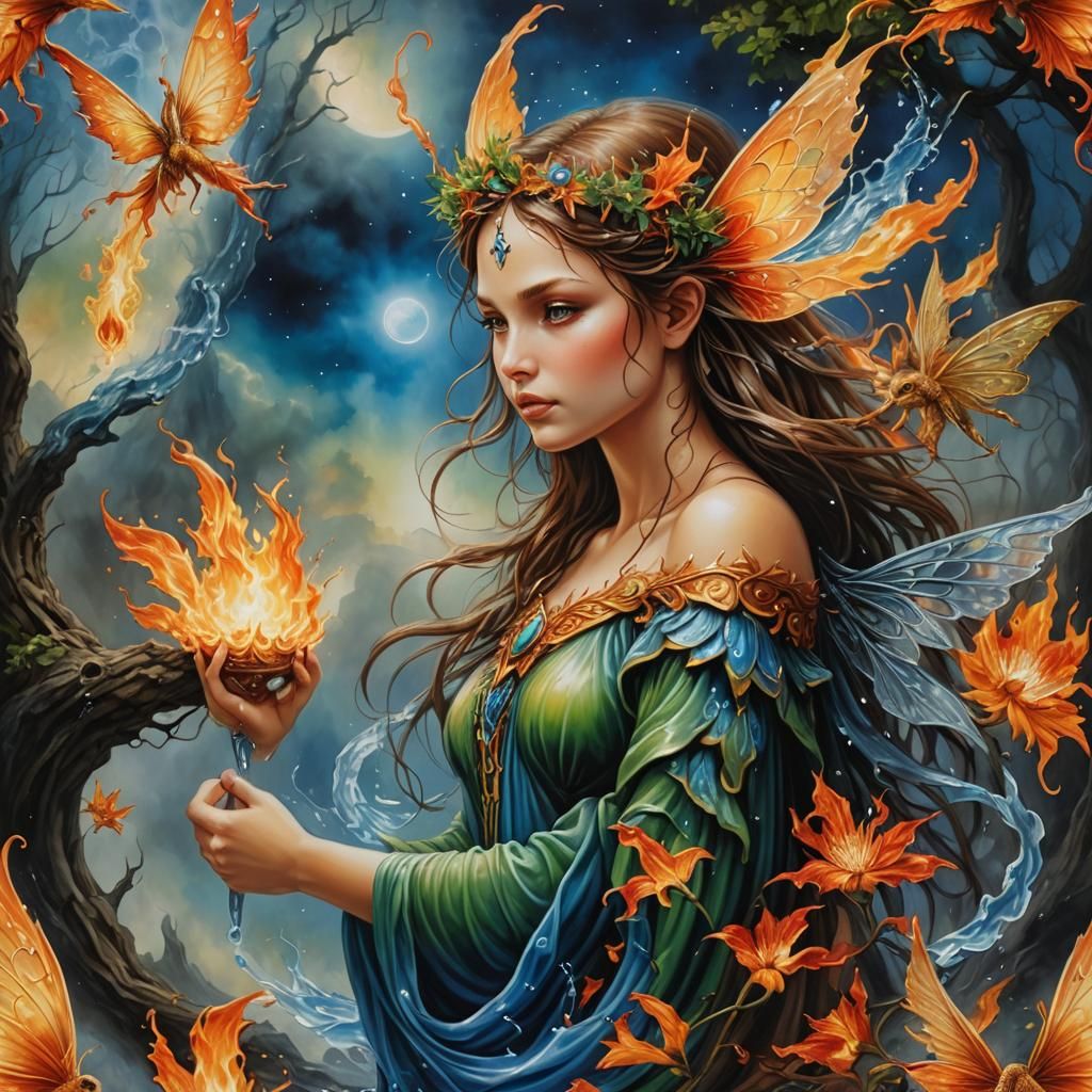 Elemental Fairy: Earth, Water, Air, Fire in Oil Paint