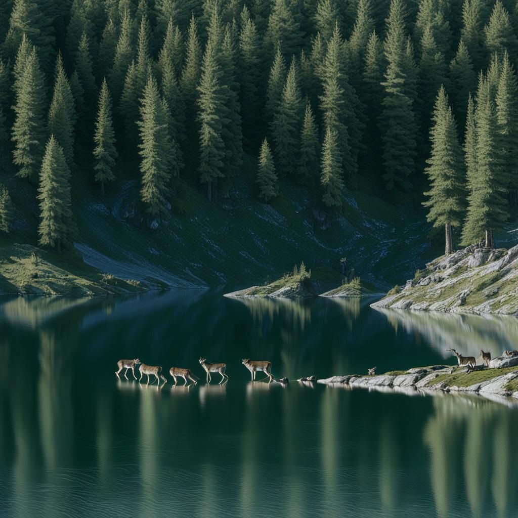 Deer at Lake with Wolves in Mourning