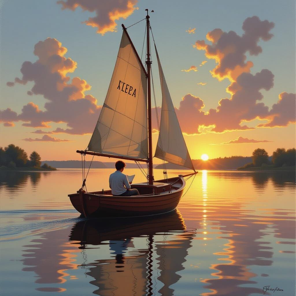 Boy Reading at Desk on Sailboat in Calm Lake at Sunset