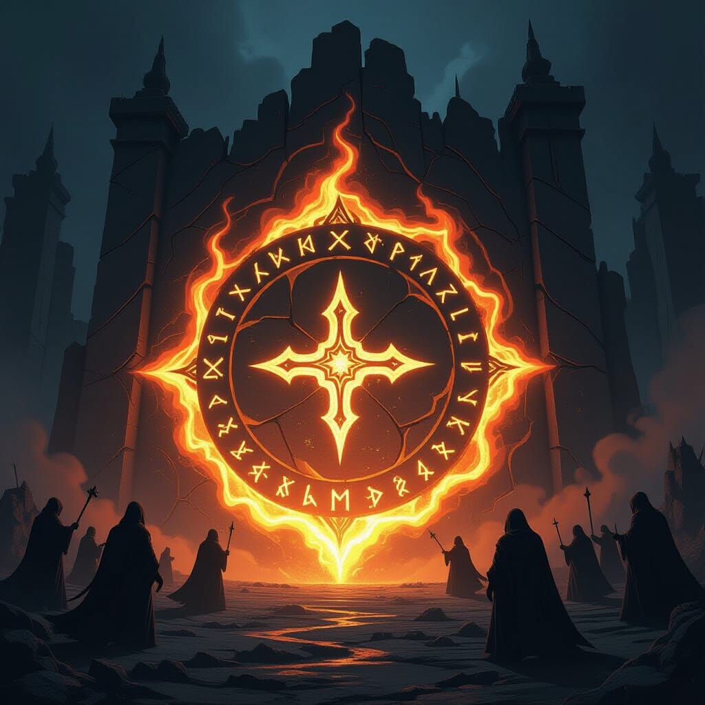 Mystical Seal Guarded by Hooded Figures in Dark Fantasy Styl...