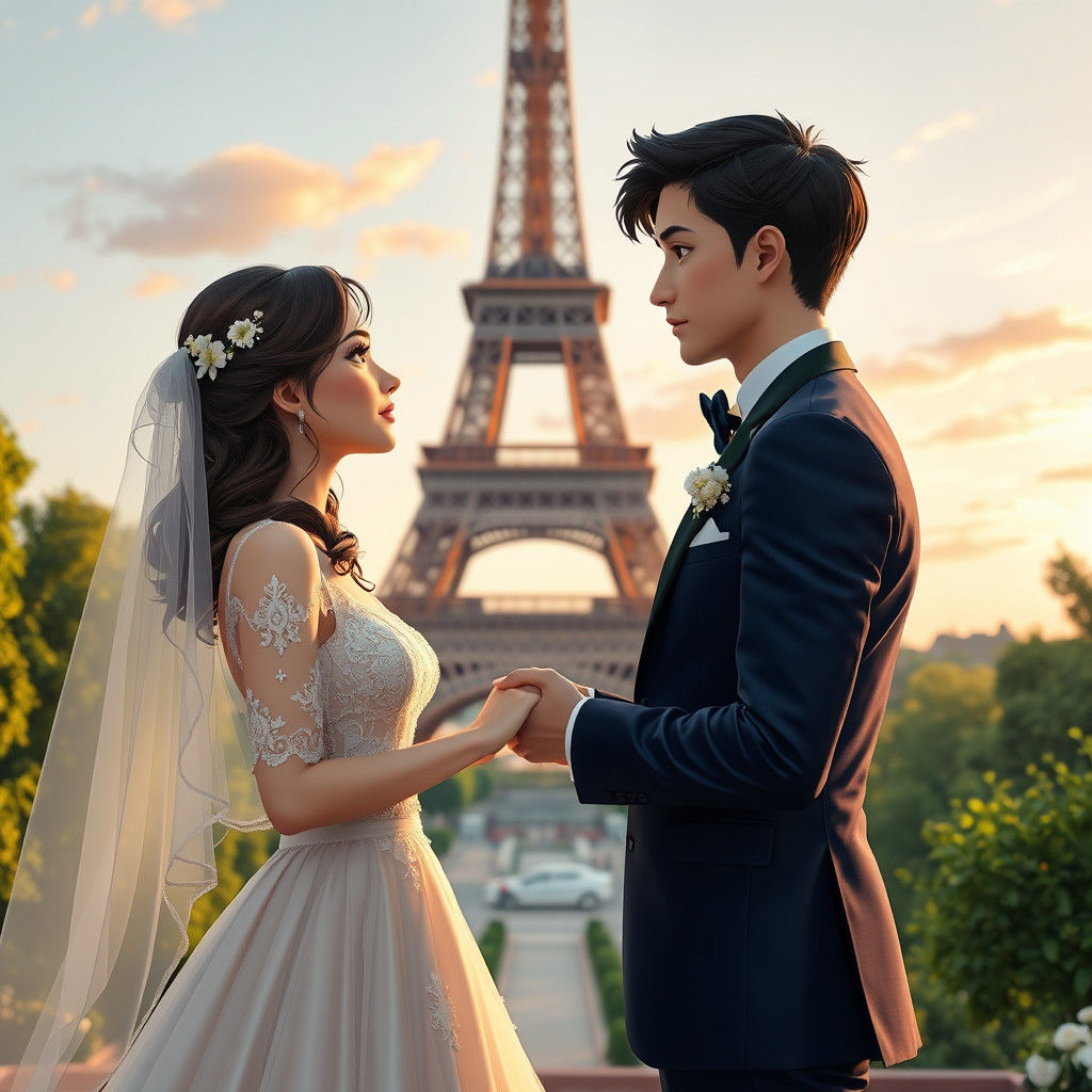 Anime Wedding at Eiffel Tower in 3D Style