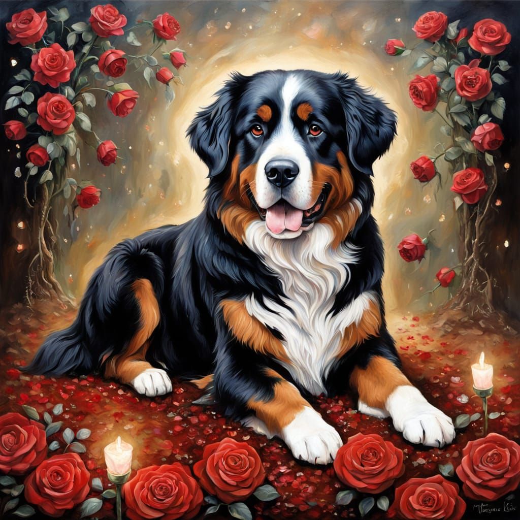 a Bernese Mountain Dog holding a red rose, depicted in a highly detailed oil painting. The artwork features intricate de...