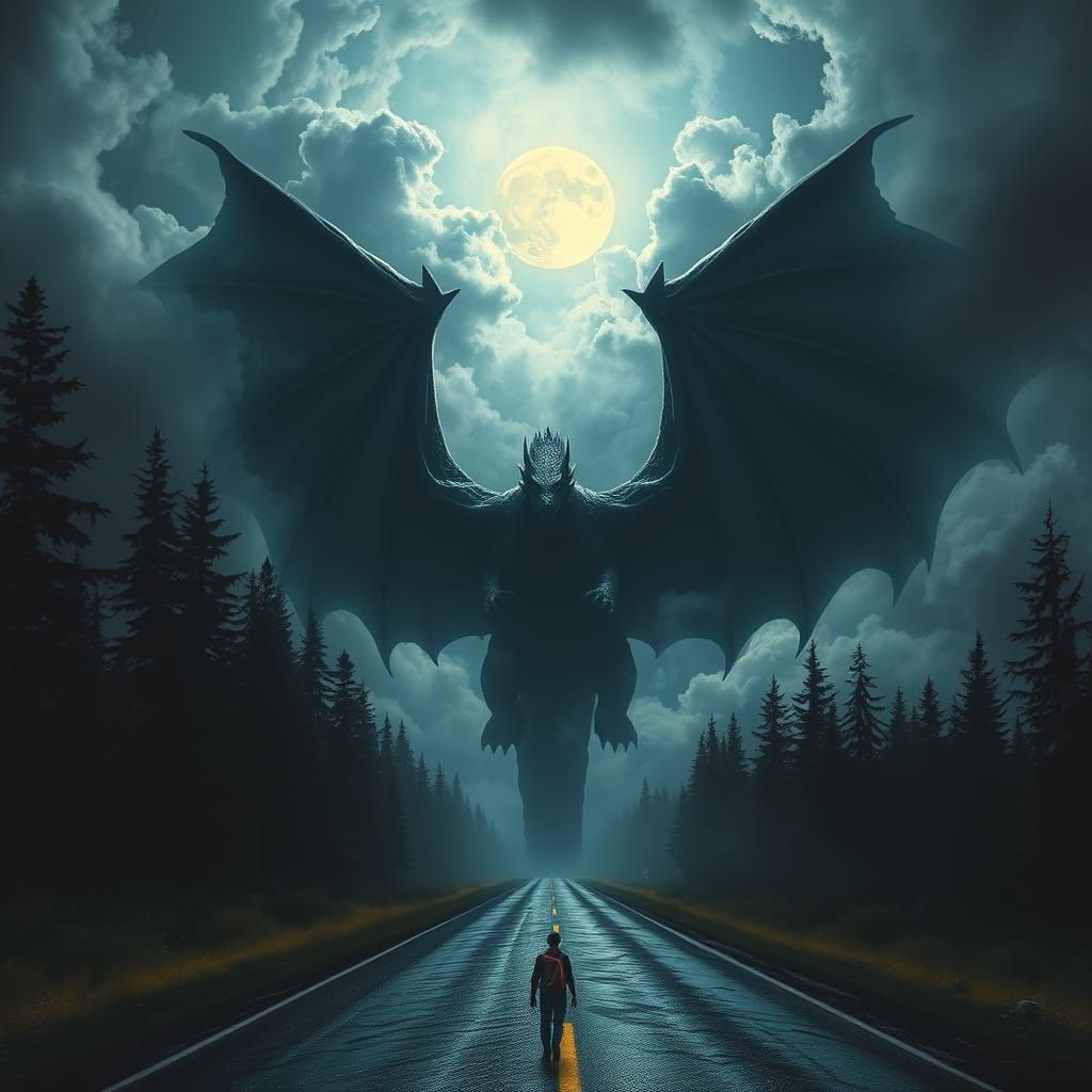 Moonlit Dragon Emerges from Stormy Skies in a Dark Forest