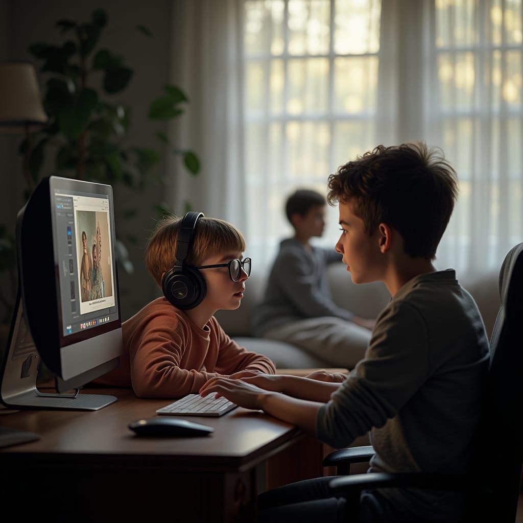 Children in Separate Rooms Using Computers, Photography
