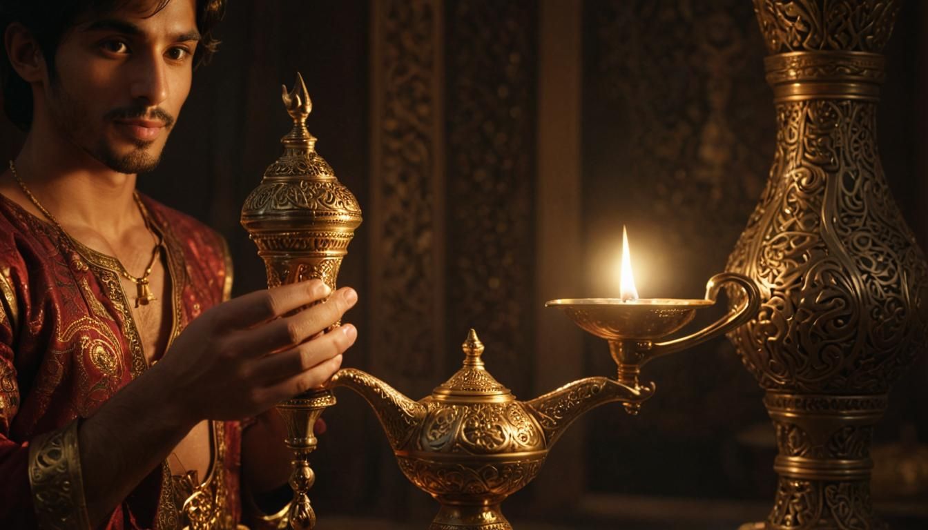 Aladdin rubbing the magic lamp
