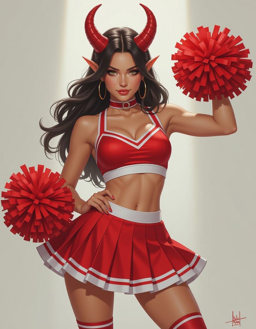 Dynamic Tiefling Cheerleader in Photorealistic Style