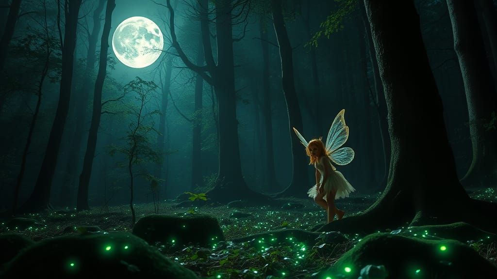 Ethereal Woodland Pixie in Moonlit Bioluminescent Forest