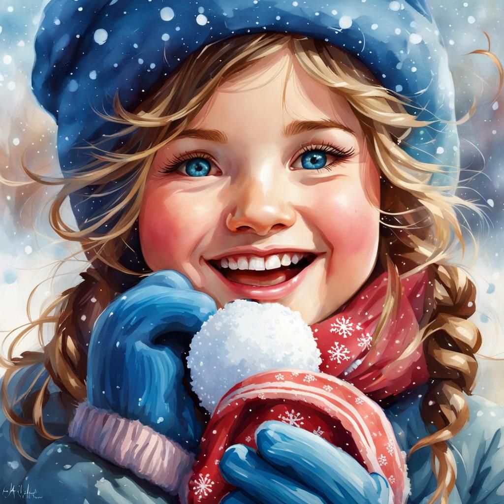 Adorable Winter Girl Laughing, Watercolor and Ink Style