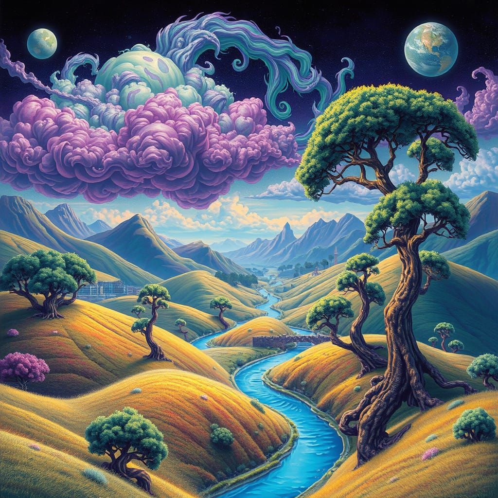 Dreamlike Cyberpunk Landscape with Neon Colors